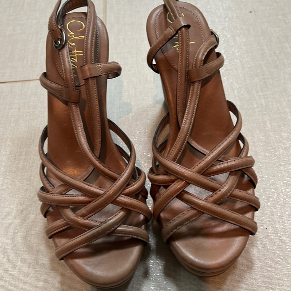 Cole Haan Brown Leather Strappy Wedge Sandals